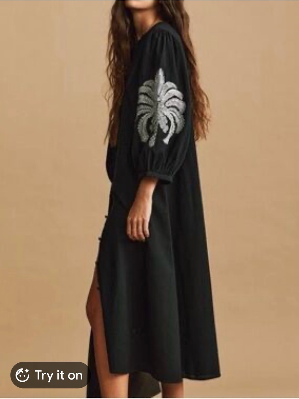 H&M Black Embroidered Palm Puff-Sleeve Midi Dress